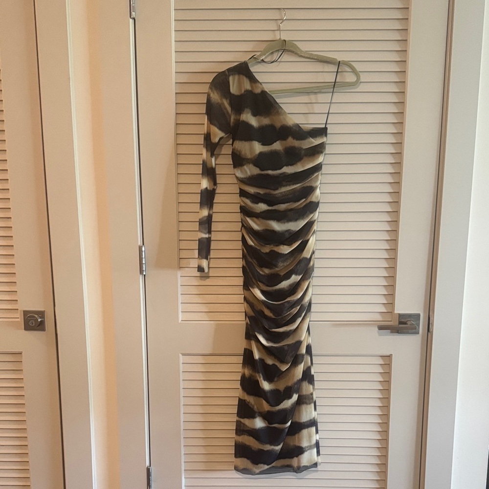 Zara One-Shoulder Black and Tan Dress